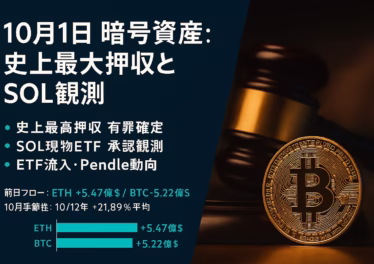 英国で6.1万BTC押収に有罪（2025/9/30 JST）。SECはSOL ETF承認観測が加速、Bloombergは確率100%と評価。前日ETF資金流入はBTC5.22億$・ETH5.47億$。