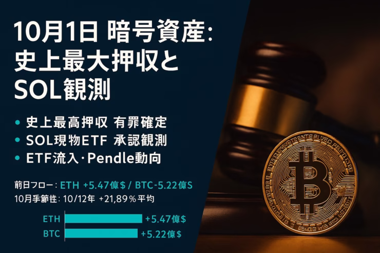 英国で6.1万BTC押収に有罪（2025/9/30 JST）。SECはSOL ETF承認観測が加速、Bloombergは確率100%と評価。前日ETF資金流入はBTC5.22億$・ETH5.47億$。