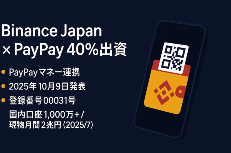 2025/10/09 JSTにPayPayがBinance Japanへ40%出資。初期はPayPayマネーでの購入・出金を検討中。ユーザー約7,000万規模の連携で入口と出口の短縮に期待。