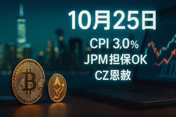10月25日暗号資産:CZ恩赦、CPI3.0%、JPMがBTC・ETH担保解禁 1 CPI3.0%(総合/コア)とCZ恩赦、JPMのBTC/ETH担保容認方針を整理。価格はBTC 111,000ほか。今見る点はETF flows・RWA・政策反応。JST 2025-10-25 12:00。