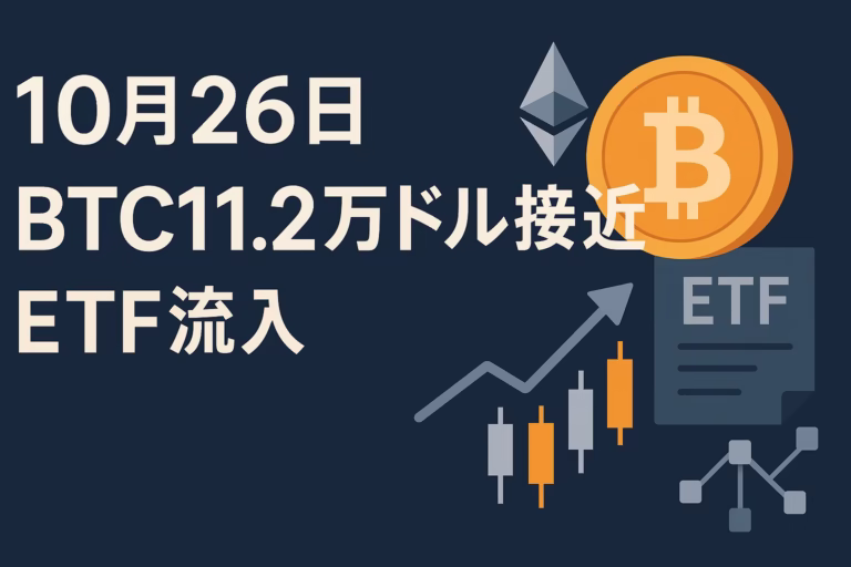 10/26 JSTの市況ダイジェスト。BTCは$112,000接近、米現物ETFは10/24に+90.605M流入、ETHは-93.596M。週明け10/27の配布イベントでフロー変化に注意。