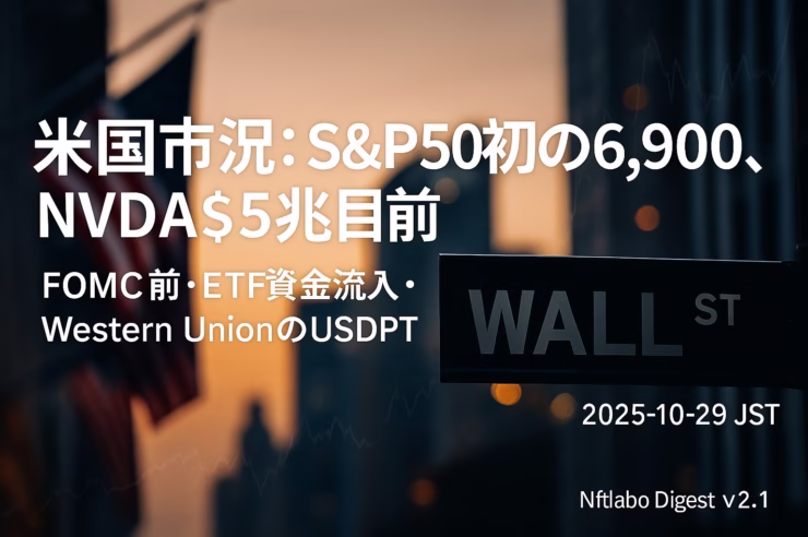 米国市況:S&P500初の6,900、NVDA$5兆目前 1 S&P500は10/28に一時6,900台、NVDAは$4.9Tで$5T目前。10/27の米BTC現物ETFは+約$149M。JST 10/30未明のFOMC前に要点を確認して備える一枚。