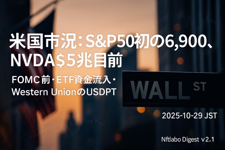 S&P500は10/28に一時6,900台、NVDAは$4.9Tで$5T目前。10/27の米BTC現物ETFは+約$149M。JST 10/30未明のFOMC前に要点を確認して備える一枚。