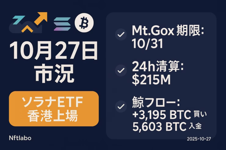 10月27日 市況:ソラナETF上場とBTCフロー 1 香港でSOL現物ETFがJST 10/27に上場。コードは3460/9460/83460、売買単位100口。初日は価格発見と乖離、出来高を重点チェック。