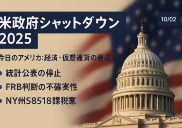 米政府閉鎖で75万人が一時帰休、主要統計公表停止。JPMはBTCに年末16.5万ドル余地と分析（2025/10/2 JST）。