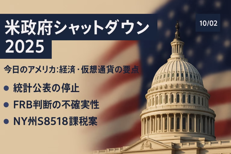 米政府閉鎖で75万人が一時帰休、主要統計公表停止。JPMはBTCに年末16.5万ドル余地と分析（2025/10/2 JST）。