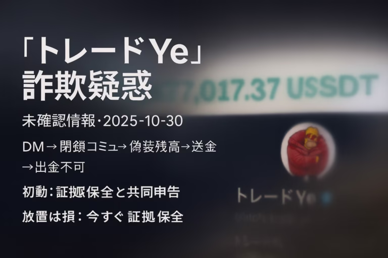 未確認の『トレードYe』疑惑を整理。典型手口（DM→閉鎖コミュ→偽装残高→送金）と初動3手順。本日2025-10-30 JST、約6か月の養成型に注意。