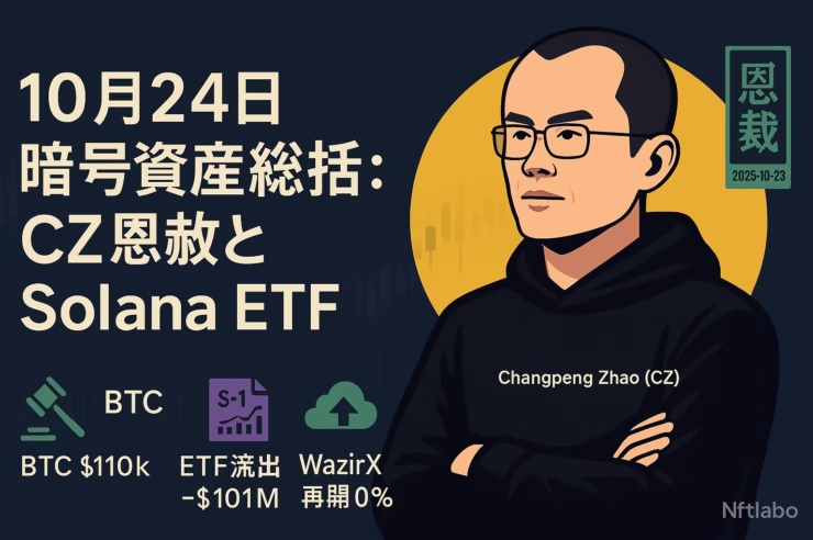 『10/24の暗号資産まとめ』。要点はCZ恩赦とSolana現物ETFのS-1提出、WazirXの手数料0%（30日）。主要数値はETF純流出-$101.4M/1d。JST 10/24の情報に基づく要約。