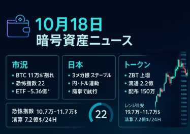 10月18日 暗号資産:BTC下落/日系3銀ステーブル 10 2025-10-18 10:00 JST時点の要点。①BTCが11万$割れで恐怖指数22。②ZBTは10/17 22:00 JSTに上場、初期流通2.2億枚。数字で状況を把握。