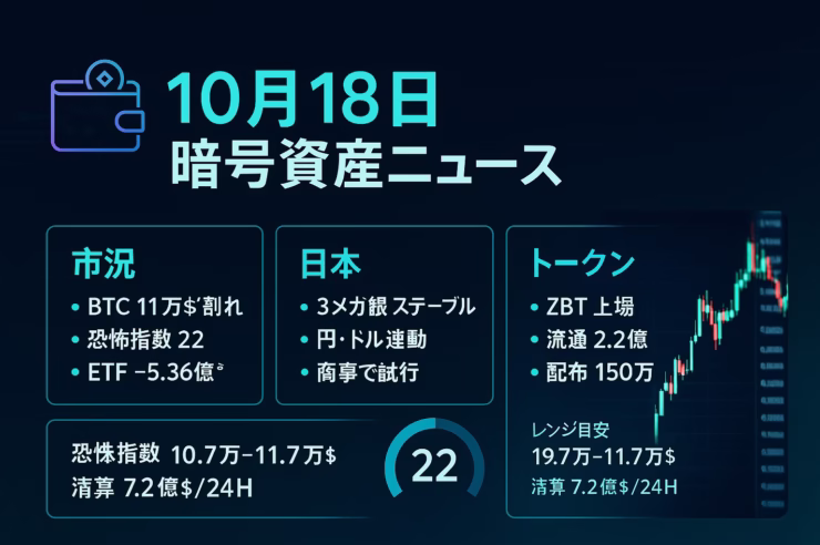 2025-10-18 10:00 JST時点の要点。①BTCが11万$割れで恐怖指数22。②ZBTは10/17 22:00 JSTに上場、初期流通2.2億枚。数字で状況を把握。
