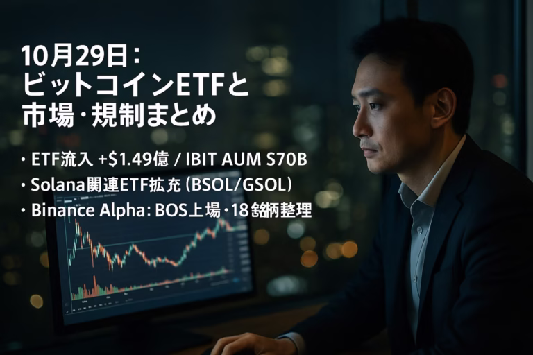 10/27は米現物ＥＴＦが+149.3M流入、IBIT AUMは10/28時点で約$92B。10/29はBOSがAlpha上場予定、10/28には18銘柄整理。JSTベースで数字とイベントを簡潔に整理