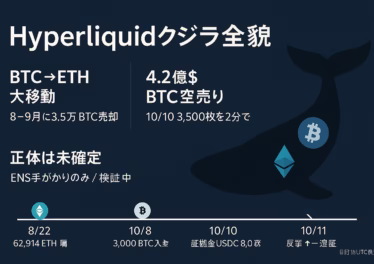 Hyperliquid 10万BTCクジラの正体疑惑と時系列 10 要点2つ=100,000BTCクジラ特定疑惑/3,500BTC空売り。現状は未確定で賛否あり。数値=$4.23Bローテ。2025-10-12 JST。
