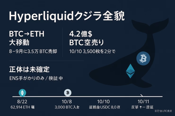 要点2つ＝100,000BTCクジラ特定疑惑／3,500BTC空売り。現状は未確定で賛否あり。数値＝$4.23Bローテ。2025-10-12 JST。