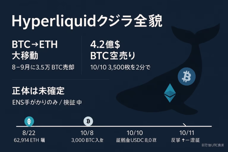 要点2つ＝100,000BTCクジラ特定疑惑／3,500BTC空売り。現状は未確定で賛否あり。数値＝$4.23Bローテ。2025-10-12 JST。