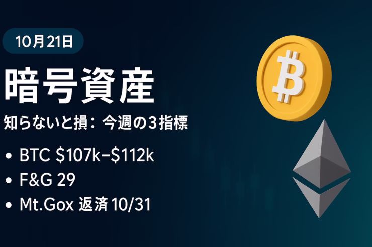 市況の要点はBTC$107k–$112kの攻防とETF流出。制度面は東証が純金信託の乖離を注意。主要数値はF&G=29。JST 10/21の情報に基づく要約。