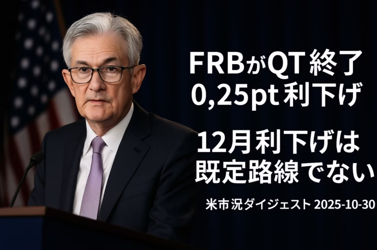 FRBがQT終了と0.25pt利下げ、米市況 1 FOMCが0.25pt利下げ+12/01にQT終了。NVDAは時価総額$5T、ダウは小反落。短期は金利とDXYがカギ。JST 10/30 10:49。