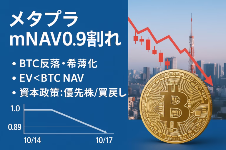 要点1: 10/17にmNAVが0.89。要点2: 優先株や自社株買いを検討。数値: 保有BTCは30,823。JST: 2025-10-17 18:50