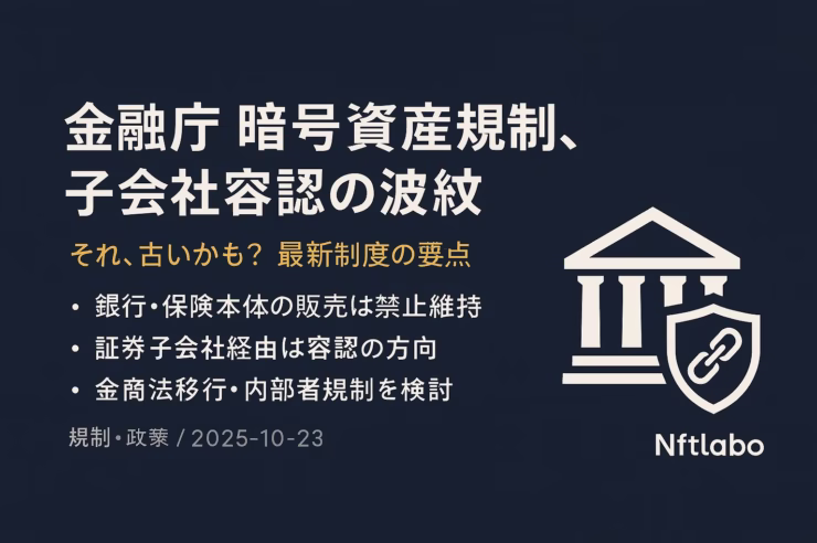 金融庁方針の要点画像。見出し『銀行本体は禁止、子会社参入』。要点は販売禁止の維持と金商法移行の検討、主要数値は国内1214万口座。JST 10/22の資料と報道に基づく要約。