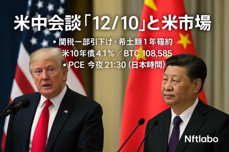 米中会談は限定合意（関税一部引下げ・希土類1年）。Bybitは10/31 21:00 JSTに日本の新規登録停止。PCEは本日21:30 JST発表。数字→意味→チェック項目を簡潔に整理。