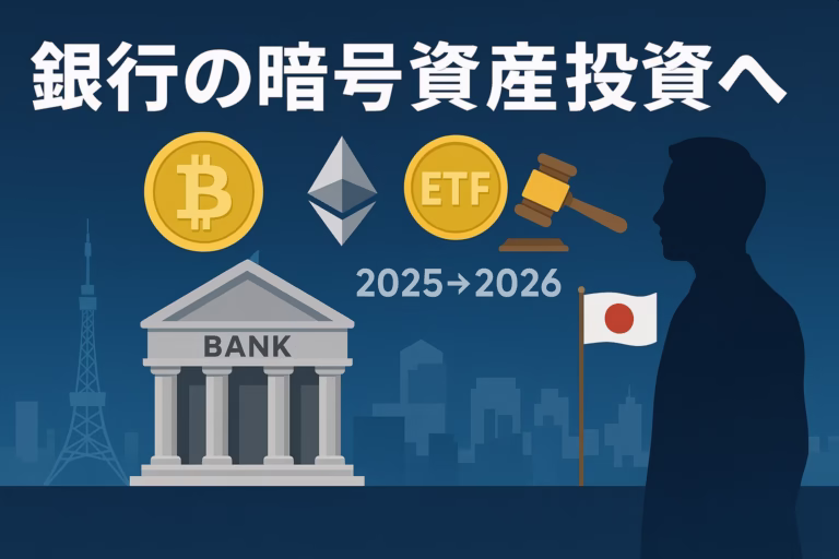 「銀行の暗号資産投資 解禁検討の要点」。要点は①金商法移行で銀行保有が現実味、②資本規制で段階導入。主要数値は口座1,213万。JST 2025/10/19の情報に基づく要約。