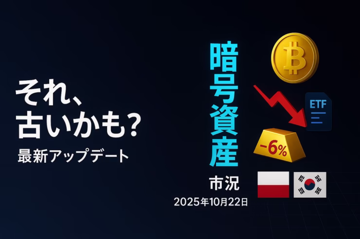 10/22の市況要約。見出し「BTC11.4万・金6%急落・ETF流出」。要点はETFフローの連続流出と高ボラ継続、主要数値はBTC一時$114,000。JST 10/21の動きに基づく。