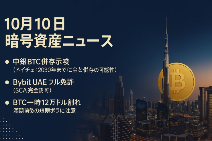 2025-10-10 12:00 JST：①BybitがUAEで完全認可、法定通貨接続に前進 ②BTC一時$120,000割れ。Deribit満期は約$5.3B、最大痛点$117,000。