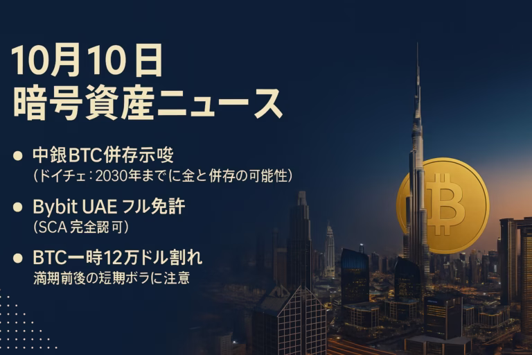 2025-10-10 12:00 JST：①BybitがUAEで完全認可、法定通貨接続に前進 ②BTC一時$120,000割れ。Deribit満期は約$5.3B、最大痛点$117,000。