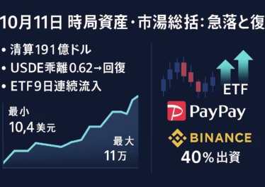 10/11の相場を要点整理（JST 18:00）。①清算は24hで約191億ドル、②USDEは一時0.62まで乖離後に回復傾向。米BTC現物ETFは9営業日連続で流入。