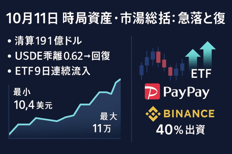 10/11の相場を要点整理（JST 18:00）。①清算は24hで約191億ドル、②USDEは一時0.62まで乖離後に回復傾向。米BTC現物ETFは9営業日連続で流入。
