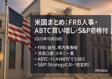 米国まとめ:FRB人事・ABTC買い増し・S&P初格付け 9 FRB人事は年内示唆、Waller理事が決済口座案。American Bitcoinは1,414BTC追加で3,865BTC。JST 10/28 10:50、イベント前のリスク管理に注意。