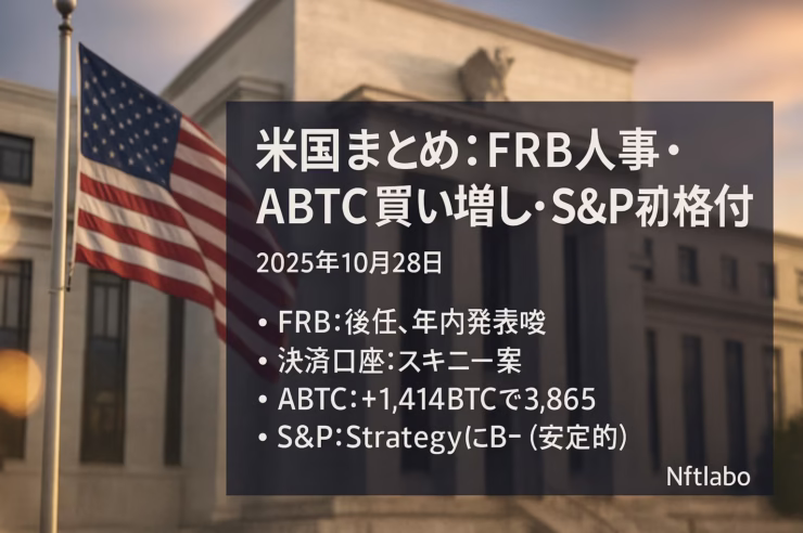 米国まとめ:FRB人事・ABTC買い増し・S&P初格付け 1 FRB人事は年内示唆、Waller理事が決済口座案。American Bitcoinは1,414BTC追加で3,865BTC。JST 10/28 10:50、イベント前のリスク管理に注意。