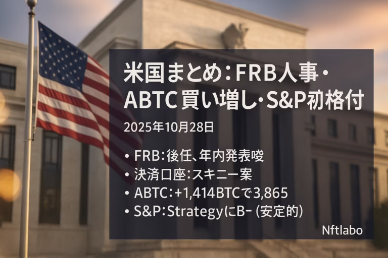 FRB人事は年内示唆、Waller理事が決済口座案。American Bitcoinは1,414BTC追加で3,865BTC。JST 10/28 10:50、イベント前のリスク管理に注意。