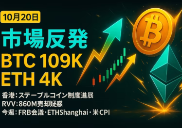10月20日 暗号資産市況:BTC反発と香港動向 9 「10月20日市況の要点画像。見出し『BTC反発と香港制度』。要点は価格回復と制度進展、主要数値はBTC$109,000/ETH$4,000。JST 10/20の集計に基づく要約。」