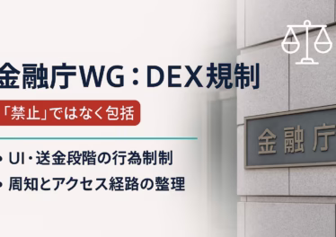 金融庁WGが示したDEX規制の軸:禁止でなく包摂 8 DEX規制の骨子。見出し『禁止でなく包摂』。要点はUI規制と出金時の警告・確認。主要数字はWG開催日10/22。JST 10/23時点の整理。