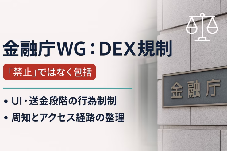 DEX規制の骨子。見出し『禁止でなく包摂』。要点はUI規制と出金時の警告・確認。主要数字はWG開催日10/22。JST 10/23時点の整理。