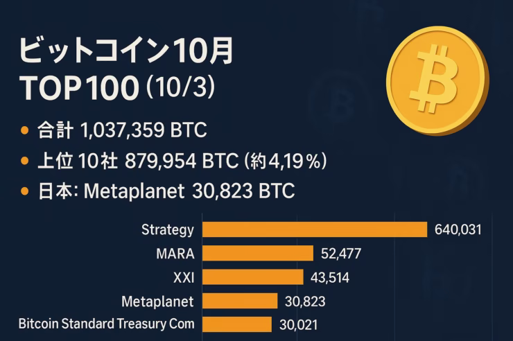 2025/10/3時点、BTC企業保有Top100合計1,037,359BTC（前月比+38,746）。日本のMetaplanetは30,823BTCで4位に上昇。上位10社集中度4.19%。