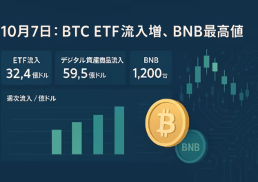 2025-10-07 09:00 JST。ETFの週次流入が32.4億ドルで上昇を後押し。BNBは1,200ドル台で史上高。