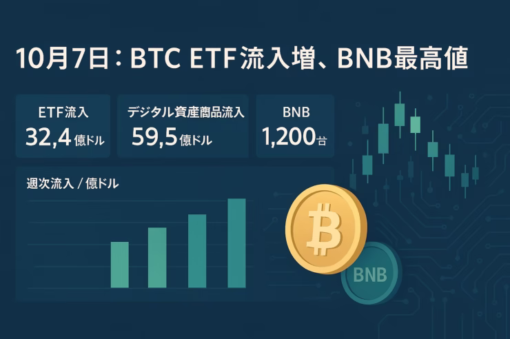 2025-10-07 09:00 JST。ETFの週次流入が32.4億ドルで上昇を後押し。BNBは1,200ドル台で史上高。