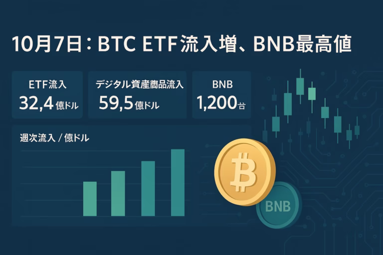 2025-10-07 09:00 JST。ETFの週次流入が32.4億ドルで上昇を後押し。BNBは1,200ドル台で史上高。