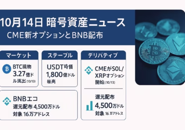 10月14日 暗号資産ニュース:CME新オプションとBNB配布 9 要点①CMEが10/13にSOL/XRPの先物オプション開始。要点②BNBが約$45,000,000を16万件に配布予定。JST 2025-10-14 10:00更新。
