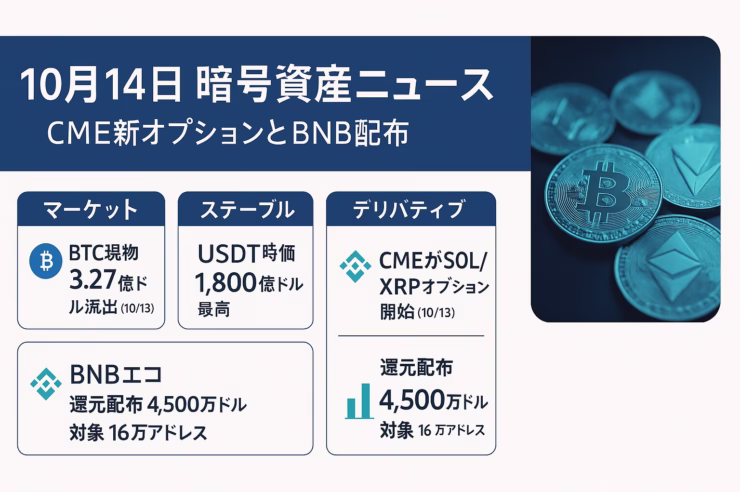 要点①CMEが10/13にSOL/XRPの先物オプション開始。要点②BNBが約$45,000,000を16万件に配布予定。JST 2025-10-14 10:00更新。