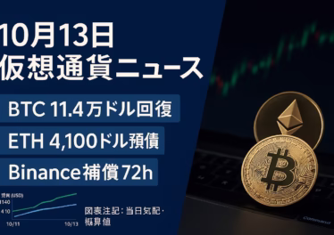 10月13日仮想通貨ニュース:BTC/ETH回復とBinance補償 9 BTCは$114,000・ETHは$4,100に回復。BinanceはUSDE/BNSOL/WBETHの基準外れ補償を72時間内に実施予定。Hyperliquid損失は約$12.3億。2025-10-13 10:00 JST
