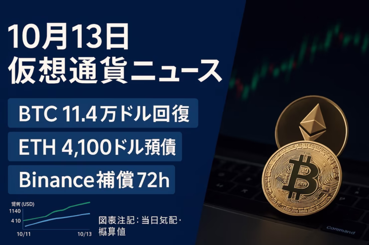 BTCは$114,000・ETHは$4,100に回復。BinanceはUSDE/BNSOL/WBETHの基準外れ補償を72時間内に実施予定。Hyperliquid損失は約$12.3億。2025-10-13 10:00 JST