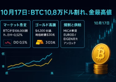 10月17日:BTC10.8万ドル割れ、金最高値 10 2025-10-17 12:00 JST時点。①BTCが$108,000割れ ②EURODはMiCA準拠で発行。金は$4,300/oz。翌日の資金フロー判断の材料に。