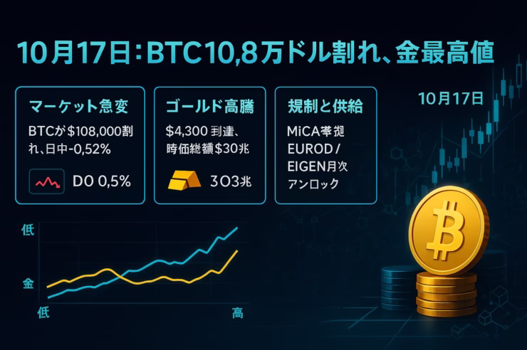 2025-10-17 12:00 JST時点。①BTCが$108,000割れ ②EURODはMiCA準拠で発行。金は$4,300/oz。翌日の資金フロー判断の材料に。