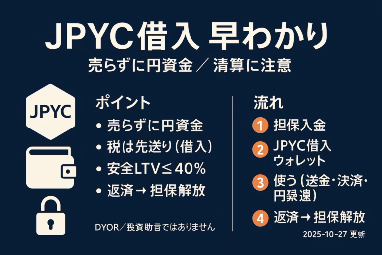 JPYC借入の基礎（過剰担保・1:1払戻し）と**リスク管理（LTV/金利）**を整理。2025-10-27 JSTの稼働開始に基づく解説。出典：@jpyc_official／PR TIMES。