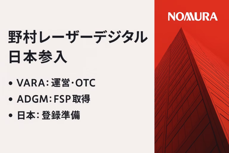 ①ドバイでOTCオプション限定認可（2025-08-06 JST）②アブダビでブローカー・運用の許可（2024-06-19）。日本は事前協議。数値：国内取引額33.7兆円（2025年1–7月）。