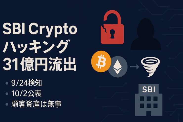 9/24に不審流出、10/2にSBIが発表。被害は約2,100万ドル（31億円）、BTCなど5資産。顧客資産はVCトレード等で無事（JST 2025/10/2）。