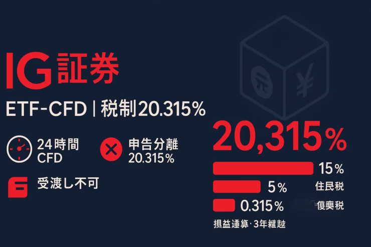 IG証券は2025/09/30にIBIT・ETHAのCFD開始。税は申告分離20.315%で損益通算・3年繰越可。24h取引の注意点あり。JST 2025/10/08 10:00時点の確認。