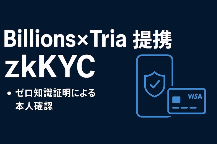 「Billions×TriaのzkKYC。要点は“必要属性だけ証明”と“カードで実需拡張”。主要数値は150+か国/1,000+トークン。JST 10/22–23確認の要約。」